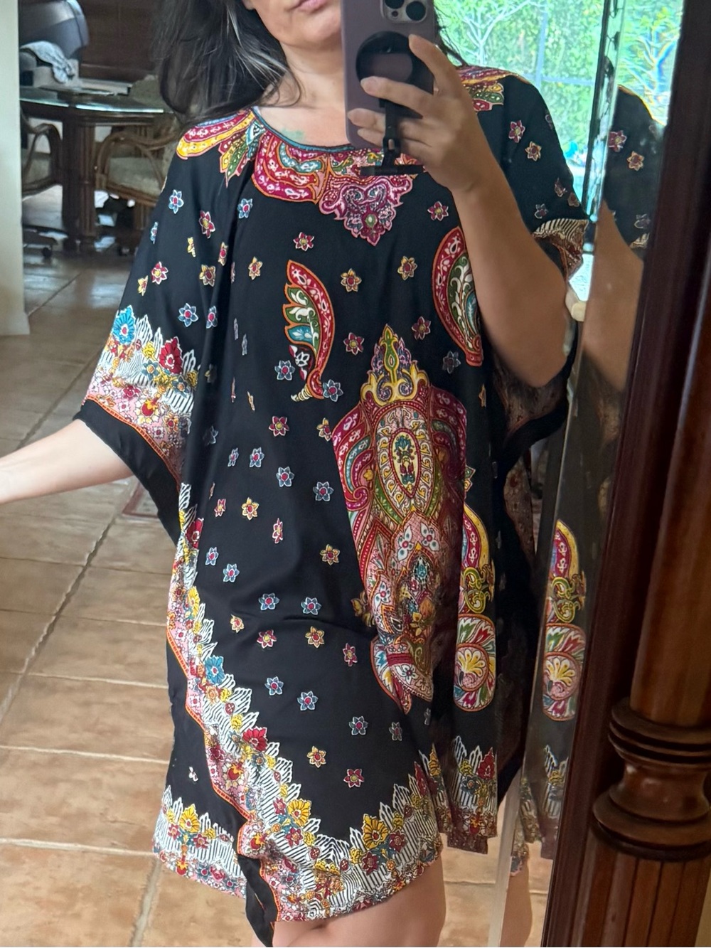Black Paisley Print Kaftan Tunic Dress - Multicolor Accents